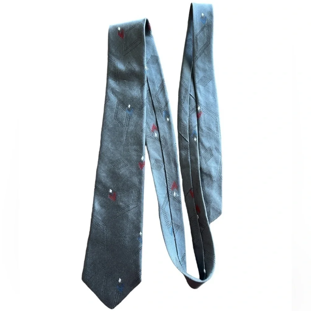 Bon Jour 100% Silk Tie Gray with Blue and Red Hearts Stitching Detail.
